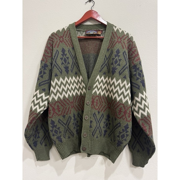 90s Vintage Outrigger Knit Cardigan Large Fair Isle Southwestern Wool Blend